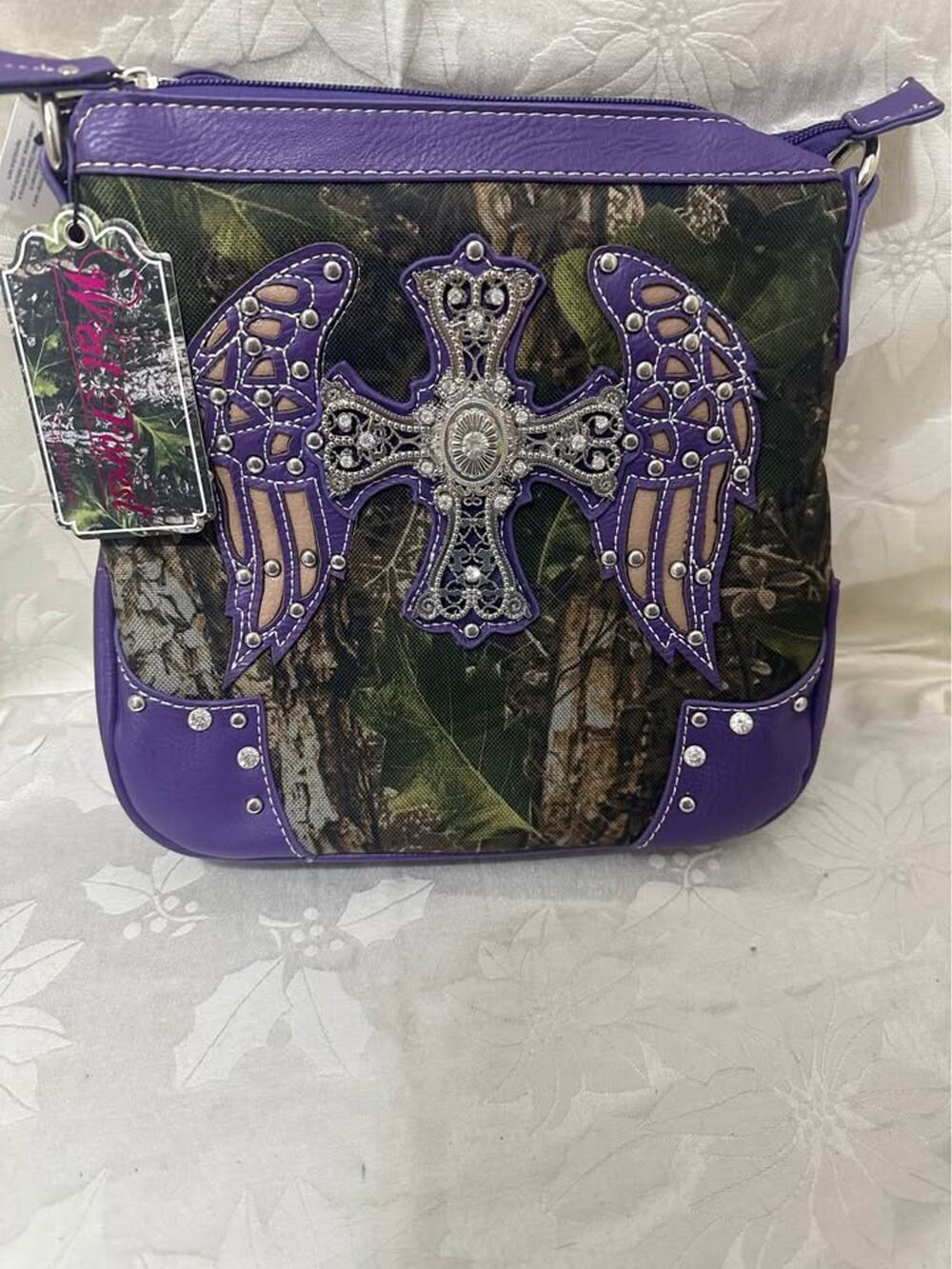 New Purple camo cross purse with bling winged cross. B-320